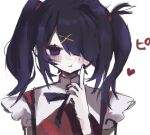  1girl 4_(nn_1_zo) ame-chan_(needy_girl_overdose) black_hair black_nails diagonal_bangs hair_ornament hair_over_one_eye hand_on_own_face heart highres index_finger_raised neck_ribbon needy_girl_overdose pout ribbon short_twintails solo twintails upper_body white_background winged_sleeves x_hair_ornament 