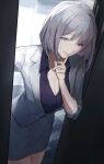  1girl absurdres bandaged_neck bandages blurry blurry_background breasts business_suit cleavage commentary doorway english_commentary feet_out_of_frame finger_to_mouth formal_clothes girls&#039;_frontline grey_hair highres jacket looking_at_viewer medium_breasts medium_hair office official_alternate_costume open_mouth purple_eyes purple_shirt rpk-16_(girls&#039;_frontline) rpk-16_(renate)_(girls&#039;_frontline) shenme_niao_mingzi shirt short_sleeves skirt smile solo standing suit white_jacket white_skirt 