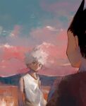  2boys beach black_hair gon_freecss hunter_x_hunter killua_zoldyck looking_at_another male_focus multiple_boys outdoors sleeveless sunset torohiko white_hair 