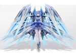  1girl blue_boots blue_dress blue_eyes blue_hair blue_wings blush boots breasts cleavage cleavage_cutout closed_mouth clothing_cutout commentary_request dress elbow_gloves full_body gloves grey_background grey_gloves headgear highres looking_at_viewer mecha_musume medium_hair original pantyhose sarasadou_dan short_sleeves shrug_(clothing) smile solo standing strapless strapless_dress twintails white_pantyhose white_shrug wings 