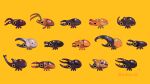  animal animal_focus artist_name beetle bug commentary english_commentary from_side hercules_beetle horns no_humans original pikaole rhinoceros_beetle shiny simple_background stag_beetle watermark yellow_background yellow_eyes 