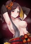  1girl absurdres armpits blush breasts brown_gloves brown_hair chiori_(genshin_impact) collarbone colored_inner_hair commentary covered_nipples elbow_gloves flower genshin_impact gloves hair_ornament heavy_breathing highres japanese_clothes long_hair looking_at_viewer medium_breasts midori_(midori13579) multicolored_hair navel nipples obi one_breast_out open_clothes presenting_armpit red_background red_eyes sash solo sweat upper_body 
