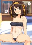  1girl arm_support bangs bare_shoulders bed_sheet blurry blush book bookshelf bow breasts brown_eyes brown_hair cleavage closed_mouth collarbone commentary_request covered_nipples depth_of_field eyebrows_visible_through_hair feet_out_of_frame gris_swimsuit hair_bow hair_ornament hairband haruhisky highres looking_at_viewer medium_breasts medium_hair meme_attire navel on_bed one-piece_swimsuit orange_bow orange_hairband see-through_swimsuit sidelocks sitting smile solo spread_legs steam suzumiya_haruhi suzumiya_haruhi_no_yuuutsu sweat swept_bangs swimsuit 