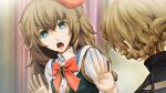  2girls amane_suzuha amane_suzuha_(beta) amane_yuki belt belt_buckle beret black_belt black_jacket blue_eyes blue_jacket blue_stripes blue_track_suit blurry blurry_background bow braid breasts brown_hair buckle chest_bow collared_shirt confused cosplay costume cropped_jacket dress_vest future_gadget_lab game_cg hair_rings hands_up hat high_collar highres huke jacket jacket_over_jacket leather leather_jacket long_sleeves looking_at_another medium_breasts mother_and_daughter multiple_girls nervous_sweating non-web_source official_art open_mouth red_bow red_hat ringed_eyes shiny_lips shirt steins;gate steins;gate_0 sweat sweatdrop teeth tongue track_jacket track_suit twin_braids twintails upper_teeth_only worried 
