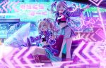  2girls :d above_cleavage_cutout anyoji_hime belt black_belt blast!!_(love_live!) blonde_hair blue_eyes blue_hair boots bow breasts clothing_cutout collarbone crop_top cropped_shirt game_cg gradient_hair group_name hair_bow hair_intakes hair_ornament heart heart_belt_buckle heart_hair_ornament highres index_finger_raised jacket layered_skirt link!_like!_love_live! long_hair long_sleeves love_live! medium_breasts midriff miniskirt mira-cra_park! multicolored_hair multiple_girls neon_lights non-web_source official_alternate_costume official_art open_clothes open_jacket osawa_rurino outdoors outstretched_arm parted_bangs pink_hair pink_shirt pink_socks pleated_skirt pointing puffy_long_sleeves puffy_sleeves purple_bow purple_jacket shirt short_shorts shorts sitting skirt sleeveless sleeveless_shirt smile socks standing teeth turtleneck turtleneck_shirt twintails upper_teeth_only virtual_youtuber white_boots white_shorts white_skirt 