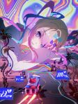  1girl @_@ absurdres ambulance blonde_hair blue_bow blue_eyes blue_hair bow chouzetsusaikawa_tenshi-chan commentary distortion giant giantess hair_bow highres junpaku_karen long_sleeves lying needy_girl_overdose on_side palm_tree pink_bow pink_hair psychedelic school_uniform serafuku shirt sidelocks solo tree white_shirt 