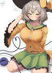  1girl absurdres black_hat blush bow breasts collarbone commentary_request full_body green_eyes green_skirt grey_hair half-closed_eyes hand_in_own_hair hat hat_bow highres komeiji_koishi large_breasts looking_at_viewer open_mouth polyhedron2 seiza shirt short_hair signature sitting skirt sleepy solo third_eye touhou yellow_bow yellow_shirt 