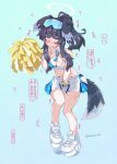  1girl animal_ears between_legs black_hair blue_archive blue_background blush breasts cheerleader crop_top dog_ears dog_girl dog_tail embarrassed eyewear_on_head full_body halo hand_between_legs have_to_pee hibiki_(blue_archive) hibiki_(cheer_squad)_(blue_archive) highres holding long_hair millennium_cheerleader_outfit_(blue_archive) miniskirt narumiya_(narumiya) navel nose_blush official_alternate_costume pom_pom_(cheerleading) shoes sidelocks skirt solo standing sweat tail 