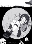  1boy 1girl blunt_bangs blush buried closed_mouth commentary_request demon_horns explosive full_body greyscale hands_up heart highres hole horns jirai_kei juliet_sleeves knees_up long_hair long_sleeves mine_(weapon) monochrome onuma_kuma original out_of_frame outdoors own_hands_together pleated_skirt puffy_sleeves pun shoes sitting skirt skull smile socks solo_focus stitches twintails walking 