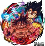  2boys aura black_hair clenched_hands clenched_teeth dragon_ball dragon_ball_z energy_beam galick_gun highres kaiouken kamehameha_(dragon_ball) male_focus multiple_boys muscular muscular_male nickelespektro parted_lips saiyan_armor son_goku surprised teeth topless_male upper_body vegeta 