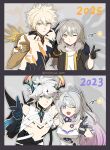  2023 2025 2boys 2girls ;o absurdres alternate_form before_and_after black_coat black_hands blue_eyes breasts coat colored_extremities commentary_request company_connection cracked_skin diabolic_kevin_(honkai_impact) dress finger_gun flower_ornament gold_hands highres hino_satoshi honkai:_star_rail honkai_(series) honkai_impact_3rd horns kevin_kaslana kiana_kaslana kiana_kaslana_(herrscher_of_finality) korean_commentary long_hair medium_breasts medium_hair multiple_boys multiple_girls one_eye_closed ooyun phainon_(honkai:_star_rail) ponytail shirt short_hair stelle_(honkai:_star_rail) trailblazer_(honkai:_star_rail) twitter_username voice_actor_connection white_dress white_hair white_shirt 