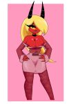  2021 areola blonde_hair breasts carliabot demon female fingers hair hair_over_eye helluva_boss hi_res horn imp looking_at_viewer millie_(helluva_boss) nipples not_furry one_eye_obstructed red_body red_skin solo yellow_sclera 