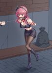  1girl absurdres alternate_costume angel_beats! arms_behind_back ball_gag bare_shoulders bdsm black_boots black_bow black_choker black_hairband black_pantyhose blunt_bangs blush bondage boots bound bound_arms bow breasts cap_(user_dxfj5558) choker cleavage collar collarbone commentary crop_top drooling eyelashes eyes_visible_through_hair feather_hair_ornament feathers figure_story full_body gag gagged green_eyes hair_bow hair_ornament hairband high_heel_boots high_heels highres knee_boots large_variant_set leaning_forward leash long_hair looking_ahead medium_breasts midriff miniskirt mouth_drool nakamura_yuri pantyhose pencil_skirt public_indecency purple_hair saliva shibari shibari_over_clothes shorts side_slit skindentation skirt solo standing standing_on_one_leg thighband_pantyhose v-shaped_eyebrows variant_set wiffle_gag 