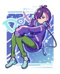  1girl antenna_hair border bright_pupils cable character_name closed_mouth commentary_request crossed_bangs dot_(pokemon) full_body green_pants green_shoes hair_over_one_eye hand_up headphones highres jacket long_sleeves multicolored_hair outside_border pants pink_hair pokemon pokemon_(anime) pokemon_horizons purple_eyes purple_hair purple_jacket shoes sleeves_past_fingers sleeves_past_wrists socks solo two-tone_hair white_border white_pupils white_socks yibuzhai 
