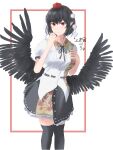  1girl absurdres belt bird_wings black_belt black_hair black_legwear black_ribbon black_skirt black_wings breasts cowboy_shot feathered_wings frilled_skirt frills hand_on_own_chest hat highres leaning_forward medium_breasts miniskirt pointy_ears pom_pom_(clothes) puffy_short_sleeves puffy_sleeves red_eyes red_headwear ribbon shameimaru_aya shirt short_hair short_sleeves skirt tengu tokin_hat touhou wang_jian_guo white_shirt wings 