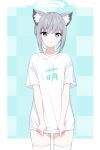  1girl absurdres alternate_costume alternate_hairstyle animal_ear_fluff animal_ears blue_archive blue_background blue_eyes blue_halo blush border commentary cowboy_shot grey_hair halo highres looking_at_viewer medium_hair menglan_kio233 mismatched_pupils outside_border oversized_clothes oversized_shirt pout shiroko_(blue_archive) shirt short_sleeves sidelocks solo standing t-shirt thighhighs white_border white_shirt white_thighhighs wolf_ears 