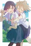  2girls ahoge bandaid bandaid_on_cheek bandaid_on_face bandaid_on_nose behind_another black_hair black_pantyhose blue_hair blue_sky blush border brown_hair collared_shirt colored_inner_hair day do_it_yourself!! fang floating_hair foliage glomp green_necktie green_skirt highres holding_hands hug hug_from_behind interlocked_fingers looking_at_another looking_back multicolored_hair multiple_girls neck_ribbon necktie open_mouth outdoors outside_border overgrown pantyhose pink_ribbon purple_hair purple_skirt red_eyes ribbon school_uniform shirt short_hair skin_fang skirt sky smile suride_miku umiseazzz white_border white_shirt yua_serufu 
