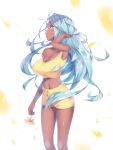  1girl a.x. absurdres aqua_hair blue_eyes breasts cleavage dark-skinned_female dark_skin flower highres large_breasts long_hair navel original petals short_shorts shorts solo stomach striped striped_shorts striped_tank_top tank_top thighs very_long_hair yellow_flower yellow_shorts yellow_tank_top 