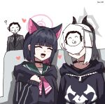  1boy 2girls ? absurdres animal_ears artist_name black_choker black_hair black_hoodie blue_archive cat_ears choker colored_inner_animal_ears colored_inner_hair demon_horns doodle_sensei_(blue_archive) extra_ears green_sailor_collar halo heart highres hood hood_down hoodie horns kai_xin kayoko_(blue_archive) kazusa_(blue_archive) long_hair long_sleeves mask multicolored_hair multiple_girls open_mouth pink_hair pink_halo sailor_collar sensei_(blue_archive) short_hair simple_background smile tongue tongue_out two-tone_hair upper_body white_background white_hair 