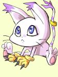  animal_hands blue_eyes body_fur cat digimon digimon_(creature) full_body gloves highres paw_gloves purple_tail saocyangeme888 simple_background sitting striped_tail tail tail_ornament tail_ring tailmon two-tone_tail whiskers white_fur white_tail yellow_background 