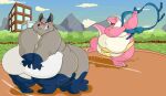 anthro asian_clothing assisted_exposure belly better_version_at_source big_belly big_tail blush canid canine clothing dinosaur duo east_asian_clothing embarrassed fox gargocorey generation_8_pokemon hi_res japanese_clothing male male/male mammal mawashi nickit nintendo obese overweight pantsing pokemon pokemon_(species) prehistoric_species reptile scalie sumo tail
