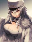  azur_lane breasts gangut_(azur_lane) hair_between_eyes hat highres large_breasts long_hair military_hat red_eyes silver_hair simple_background sinkyu_150241 smile solo white_uniform 