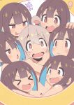  &gt;_&lt; +++ 6+girls :d :p :t absurdres ahoge bambi2000line blunt_bangs blush_stickers brown_eyes brown_hair clone colored_inner_hair commentary d: double-parted_bangs grey_hair group_hug hair_between_eyes hand_on_another&#039;s_head heart highres hozuki_momiji hug looking_at_another looking_at_viewer multicolored_hair multiple_girls navel nude onii-chan_wa_oshimai! open_mouth oyama_mahiro pout short_hair smile surrounded sweat tongue tongue_out two-tone_hair v-shaped_eyebrows wavy_mouth xd yuri 