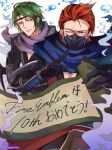  2boys brothers fire_emblem fire_emblem_fates gloves green_hair japanese_clothes kaze_(fire_emblem) male_focus mask mouth_mask multiple_boys ninja ninja_mask purple_scarf red_hair saizo_(fire_emblem) scar scar_across_eye scar_on_face scarf siblings sturm_fe_k11 twins 