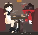ahoge animal_ears anthro black_clothing black_hair black_shirt black_topwear blue_eyes bodily_fluids body_fur bottomless bottomwear bottomwear_down cake cat_tail censor_removal_edit chair christine_fury christine_fury_(character) clothed clothing clothing_pull comic container cropped_jacket cum cum_in_clothing cum_in_pants cum_in_partner&#039;s_clothing cum_on_ground cup denny&#039;s dessert dialogue drooling duo dylan_mitchell_(christine_fury_) eating ejaculation english_text feet felid feline female flat_colors food foot_fetish foot_play footjob furniture genital_fluids genitals hair hi_res long_hair male male/female mammal masturbating_during_footjob no_lineart on_chair open_mouth pancake pants pants_down partially_clothed penis plate pointy_ears ponytail profanity restaurant restaurant_seats saliva sex shirt short_hair simple_background sitting sitting_on_chair sleeveless_jacket sleeveless_shirt speech_bubble syrup_on_cock table tail text third-party_edit topwear truesona_(christine_fury_) vaginal_fluids vaginal_fluids_on_hand