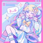  1girl ;d blonde_hair blue_background blue_eyes blue_hair blue_serafuku border bow chest_bow chocolatte_39 chouzetsusaikawa_tenshi-chan colored_tips hair_bow health_bar knees_together_feet_apart l_hand leg_belt looking_at_viewer multicolored_hair multiple_hair_bows needy_girl_overdose one_eye_closed outside_border pastel_colors pink_border pink_hair pointing pointing_at_self quad_tails school_uniform serafuku smile solo sparkle spoken_expression window_(computing) 