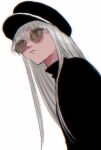  1boy black_clothes disguise from_below hat hunter_x_hunter kurapika male_focus otoko_no_ko solo sunglasses torohiko white_background white_hair wig 
