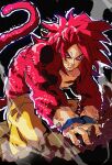  1boy absurdres black_background body_fur closed_mouth commentary dragon_ball dragon_ball_daima highres isaacchief300 male_focus pants pink_eyes pink_fur smoke solo son_goku spiked_hair super_saiyan super_saiyan_4 tail wristband yellow_pants 