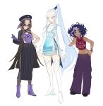  3girls alternate_skin_color ascot baggy_pants bare_shoulders beret black_eyeshadow black_hat black_nails black_shoes black_shrug blue_dress blue_eyes blue_eyeshadow blue_hair blue_lips blue_nails blue_skirt blunt_ends boots bracelet bright_pupils brown_eyes brown_hair buttons chain chain_necklace closed_mouth clothes_writing coattails collared_dress commentary cracked_skin cropped_shirt cross cross_necklace darcy_(winx_club) dark-skinned_female dark_skin denim dress english_commentary expressionless eyeshadow fingernails forehead full_body glitter gloves grey_eyes grey_pantyhose hair_between_eyes hand_on_own_hip happy hat height_difference high-waist_skirt high_heel_boots high_heels high_ponytail highres icy_(winx_club) jeans jewelry lapels light_frown lipstick long_hair long_skirt long_sleeves looking_at_viewer makeup messy_hair midriff mole mole_on_cheek mole_under_eye multicolored_hair multiple_girls multiple_rings nail_polish necklace notched_lapels outstretched_hand pale_skin pants pantyhose pencil_skirt pinafore_dress pink_shirt pocket ponytail puffy_long_sleeves puffy_sleeves purple-tinted_eyewear purple_boots purple_eyes purple_gloves purple_hair purple_pants purple_tank_top redesign ring see-through_clothes see-through_footwear sharp_fingernails shirt shoes short_dress shrug_(clothing) side_slit sidelocks signature simple_background single_bare_arm single_bare_shoulder single_glove single_sleeve skirt sleeveless sleeveless_dress sleeveless_shirt sleeves_past_wrists spiral_print standing stormy_(winx_club) straight_hair streaked_hair striped_clothes striped_skirt sunglasses tank_top thigh_boots tinted_eyewear triangular_eyewear turtleneck_shrug two-tone_hair v vertical-striped_clothes vertical-striped_skirt very_long_hair wavy_hair white_ascot white_background white_boots white_hair white_pupils white_shirt wikate winx_club 