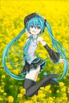  +_+ 1girl aqua_hair ass boots commentary detached_sleeves fang field flat_chest flower flower_field focke_wulf full_body green_eyes hatsune_miku highres jumping long_hair looking_at_viewer necktie open_mouth panties pantyshot skirt smile solo thigh_boots twintails underwear very_long_hair vocaloid white_panties 