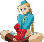  1girl ahoge animification armband bengus beret blonde_hair blue_eyes bodypaint boots braid cammy_white game_cg garrison_cap gloves hat highleg highleg_leotard highres indian_style leotard long_hair necktie non-web_source official_art portrait scar scar_on_cheek scar_on_face short_necktie simple_background sitting sleeved_leotard solo street_fighter street_fighter_zero_(series) twin_braids upper_body v_arms white_background 