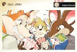 anthro balatro black_nose blue_eyes brown_body brown_ears canid canine canis card claws clothed clothing dahecksajerry domestic_dog english_text finger_claws floppy_ears fox fur green_eyes grey_clothing grey_hoodie grey_topwear hoodie mammal mouth_hold murid orange_body orange_ears orange_fur playing_card rodent teeth text topwear