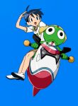  1boy alien blue_hair highres hinata_fuyuki keroro keroro_gunsou popo92_z riding shirt shoes simple_background sitting smile white_shirt white_shoes 