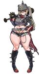  1girl absurdres ammunition ammunition_belt baseball_bat black_boots black_bra black_gloves black_jacket black_shorts blonde_hair boots bra breasts combat_helmet crop_top crossed_bangs curvy emblem full_body gloves hair_between_eyes hand_on_own_hip helmet high_heel_boots high_heels highleg highleg_panties highres holding holding_weapon jacket large_breasts looking_at_viewer luciana_de_montefio mask micro_bra micro_shorts midriff mold_(pixiv6616319) mouth_mask navel open_clothes open_jacket over_shoulder panties panty_straps red_eyes red_panties see-through_clothes see-through_shirt shirt shorts sidelocks simple_background skindentation solo spiked_boots spiked_helmet spiked_knuckles standing thick_thighs thighs torn_clothes tusks underwear weapon weapon_over_shoulder white_background wide_sleeves zenless_zone_zero 