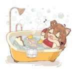  1girl ahoge animal_ear_fluff animal_ears artist_name barefoot bath bathing bathtub bird blush brown_hair bubble chibi claw_foot_bathtub closed_eyes completely_nude dog_ears dog_girl duck eighth_note full_body hair_between_eyes hair_ornament hair_ribbon hairclip highres innertube long_hair low_twintails mamehinata music musical_note notamaru_2 nude open_mouth partially_submerged ribbon rubber_duck shower_head simple_background singing soap_bubbles solo steam swim_ring towel twintails vrchat water white_background 
