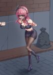  1girl absurdres alternate_costume angel_beats! arms_behind_back ball_gag bare_shoulders bdsm black_blindfold black_boots black_bow black_choker black_hairband black_pantyhose blindfold blunt_bangs blush bondage boots bound bound_arms bow breasts cap_(user_dxfj5558) choker cleavage collar collarbone commentary covered_eyes crop_top drooling feather_hair_ornament feathers figure_story full_body gag gagged hair_bow hair_ornament hairband high_heel_boots high_heels highres knee_boots large_variant_set leaning_forward leash long_hair medium_breasts midriff miniskirt mouth_drool nakamura_yuri pantyhose pencil_skirt public_indecency purple_hair saliva shibari shibari_over_clothes shorts side_slit skindentation skirt solo standing standing_on_one_leg thighband_pantyhose v-shaped_eyebrows variant_set wiffle_gag 