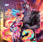 2024 4_arms 5_fingers anthro arm_tattoo arthropod bee black_nose blind_eye blue_hair bottomwear breasts canid canid_demon canine clothed clothed_anthro clothed_female clothed_male clothing crop_top demon duo egg eye_scar facial_scar fangs female fingers fox fur grey_body grey_fur hair hand_on_shoulder hellhound helluva_boss hi_res hybrid hymenopteran insect insect_wings inside jacket kuiyanxu larger_male leather leather_clothing leather_jacket leather_topwear male male/female mammal multi_arm multi_limb multicolored_body multicolored_fur muscular muscular_anthro muscular_male mythological_canine mythological_creature mythology open_mouth pants pink_eyes pink_hair queen_bee-lzebub_(helluva_boss) red_sclera scar shirt shocked shorts size_difference smaller_female standing tail tattoo teeth tongue topwear two_tone_body two_tone_fur vortex_(helluva_boss) white_body white_eyes white_fur wings yellow_body yellow_fur