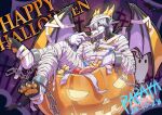 2024 anthro claws dated dragon grey_body grey_hair hair hi_res looking_at_viewer male membrane_(anatomy) membranous_wings mummy_costume mummy_wrappings mythological_creature mythological_scalie mythology orange_eyes papayafurry pawpads scalie signature solo sweets white_body white_claws white_wings wings yellow_pawpads yellow_wings