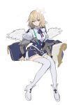  1girl angel_wings blonde_hair bow bowtie braid braided_ponytail expressionless fate/grand_order fate_(series) full_body gauntlets highres holding holding_pen jeanne_d&#039;arc_(fate) long_hair looking_at_viewer metatron_jeanne_(fate) metatron_jeanne_(third_ascension)_(fate) no-kan pen simple_background sitting solo twintails white_background wings yellow_eyes zettai_ryouiki 
