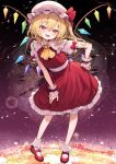  1girl :d ascot blonde_hair bobby_socks bow collared_shirt commentary fangs flandre_scarlet frilled_shirt_collar frilled_skirt frills full_body hair_between_eyes hat long_hair looking_at_viewer mikan_(manmarumikan) mob_cap open_mouth puffy_short_sleeves puffy_sleeves red_bow red_eyes red_shoes red_skirt red_vest shirt shoes short_sleeves skirt smile socks solo standing teeth touhou upper_teeth_only vest white_hat white_shirt white_socks wings wrist_cuffs yellow_ascot 