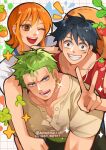  1girl 2boys alynomali arm_around_shoulder black_hair brown_eyes checkered_background collarbone commentary earrings food fruit glint gold_earrings green_hair grin haramaki hat highres jewelry looking_at_viewer mandarin_orange monkey_d._luffy multiple_boys nami_(one_piece) one_eye_closed one_piece open_mouth orange_hair red_vest roronoa_zoro scar scar_on_cheek scar_on_face shirt short_hair short_sleeves sidelocks smile sparkle straw_hat straw_hat_pirates strawberry symbol-only_commentary teeth twitter_username unworn_hat unworn_headwear upper_body upper_teeth_only v vest white_shirt 