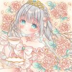  1girl aqua_eyes bare_shoulders blush bow braid brooch choker collarbone commentary cup dress flower frilled_choker frilled_gloves frills gloves highres holding holding_cup holding_saucer jewelry long_hair marker_(medium) original parted_lips pink_bow pink_choker pink_dress pink_flower pink_rose puu_(kari---ume) rose saucer symbol-only_commentary tareme teacup tiara traditional_media upper_body very_long_hair white_bow white_sleeves 