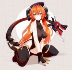  1girl absurdres arms_between_legs beret black_leotard black_thighhighs blush covered_nipples english_commentary ev_v1l fingerless_gloves full_body gloves hair_between_eyes hat highres horns leotard long_hair looking_at_viewer magus_(zenless_zone_zero) orange_hair orange_pupils orpheus_(zenless_zone_zero) pointy_ears single_fingerless_glove sitting thighhighs twintails wariza yellow_eyes zenless_zone_zero 