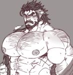  1boy abs bara beard chest_hair commentary duessel_(fire_emblem) english_commentary facial_hair fire_emblem fire_emblem:_the_sacred_stones highres huge_pectorals juggermelon male_focus mature_male multicolored_hair muscular muscular_male mustache nipples old old_man one_eye_closed pectorals sketch solo two-tone_hair upper_body 