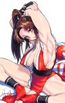  1girl arm_up armpits black_gloves blush breasts bridal_gauntlets brown_hair commentary covered_nipples curtained_hair dated eyelashes fatal_fury forehead full_body gloves high_ponytail highres hori_shin indian_style large_breasts lipstick long_hair looking_at_viewer makeup motoyui parted_bangs parted_lips pelvic_curtain ponytail red_eyes red_lips revealing_clothes rope shiranui_mai signature simple_background sitting soles_together solo stirrup_legwear street_fighter street_fighter_6 stretching the_king_of_fighters toeless_legwear toned toned_female white_background 