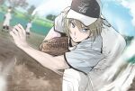  1girl baseball_cap baseball_mitt baseball_stadium baseball_uniform blonde_hair blue_eyes blurry blurry_background closed_mouth dust glowing glowing_eye hat highres light_trail looking_at_viewer major major_2nd mayumura_michiru minaka_shobu motion_lines outdoors pitching pitching_mound playing_sports short_hair solo sportswear 